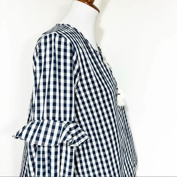 Splendid Navy Gingham Check Ruffled Tie Neck Navy White Long Sleeve Peasant Top - Picture 4 of 10